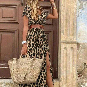 Chocolate Brown Casual Women's Leopard Print Deep V BatwingSleeve Dress